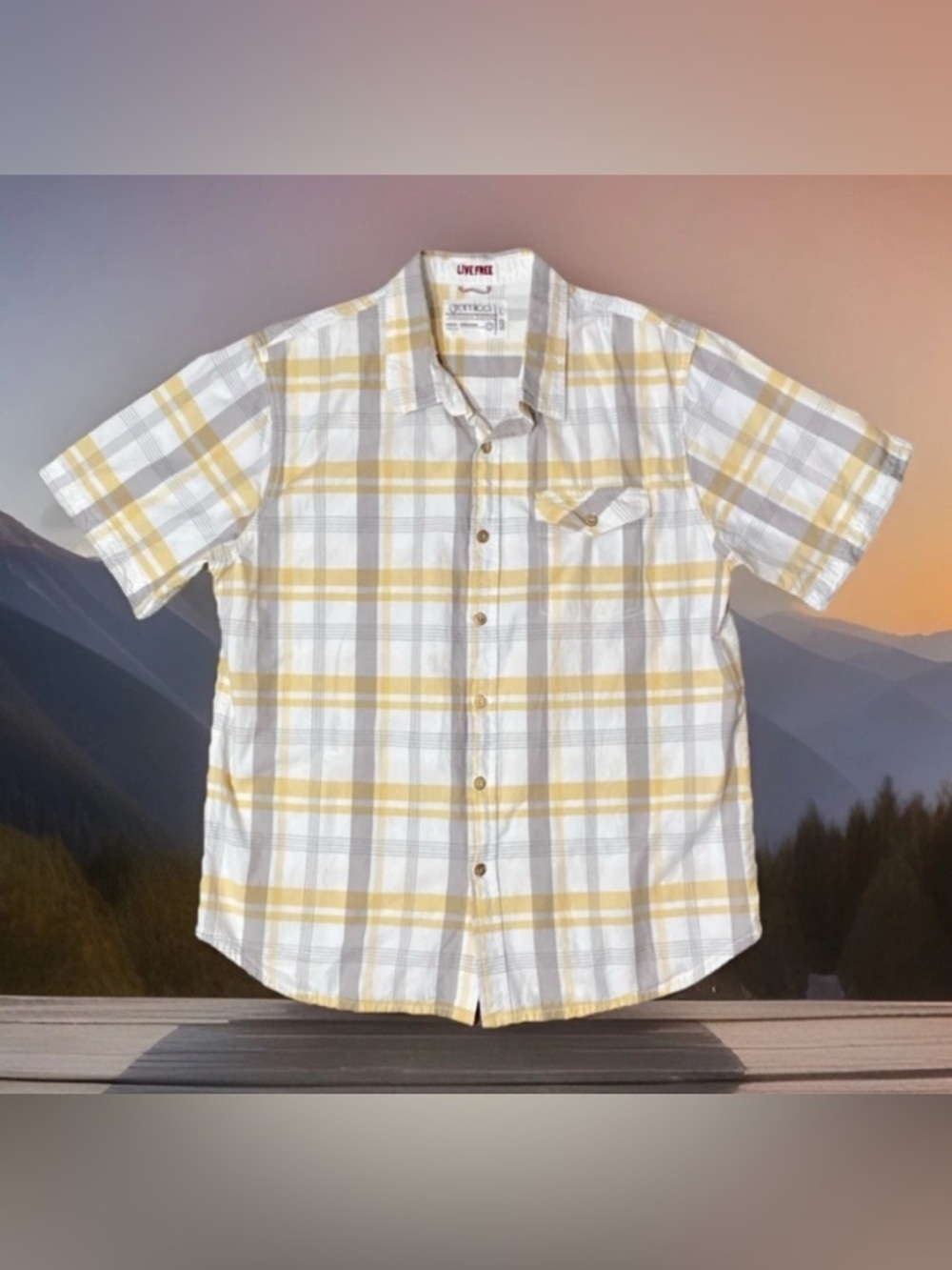 Gramicci Shirt Men’s L Yellow Gray Plaid Live Free Short Sleeve Button Up